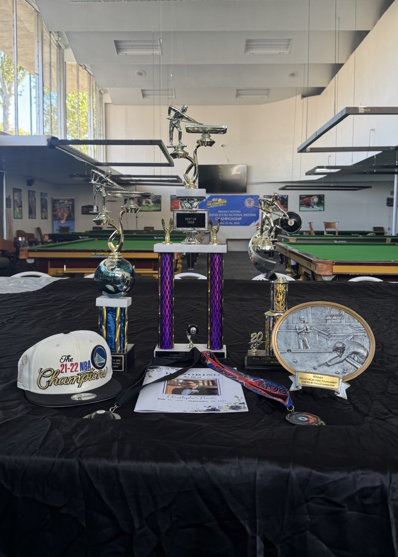 Pool trophies displayed at the club